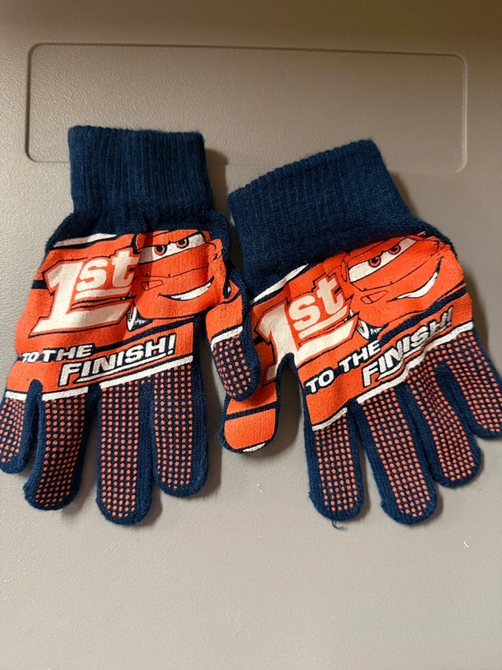 Kids Orange and Navy '1st to the Finish' lightening McQueen gloves